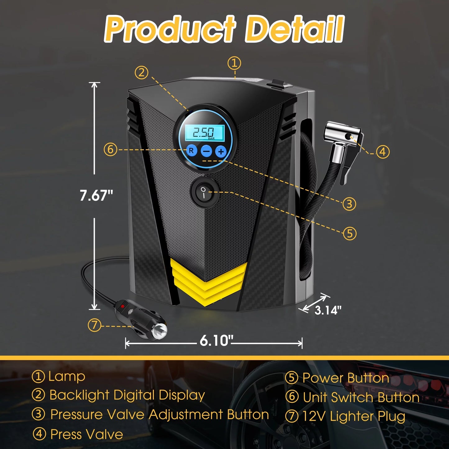 Tire Inflator, 12V Portable Air Compressor with Fast Inflation, Tire Inflator - Black