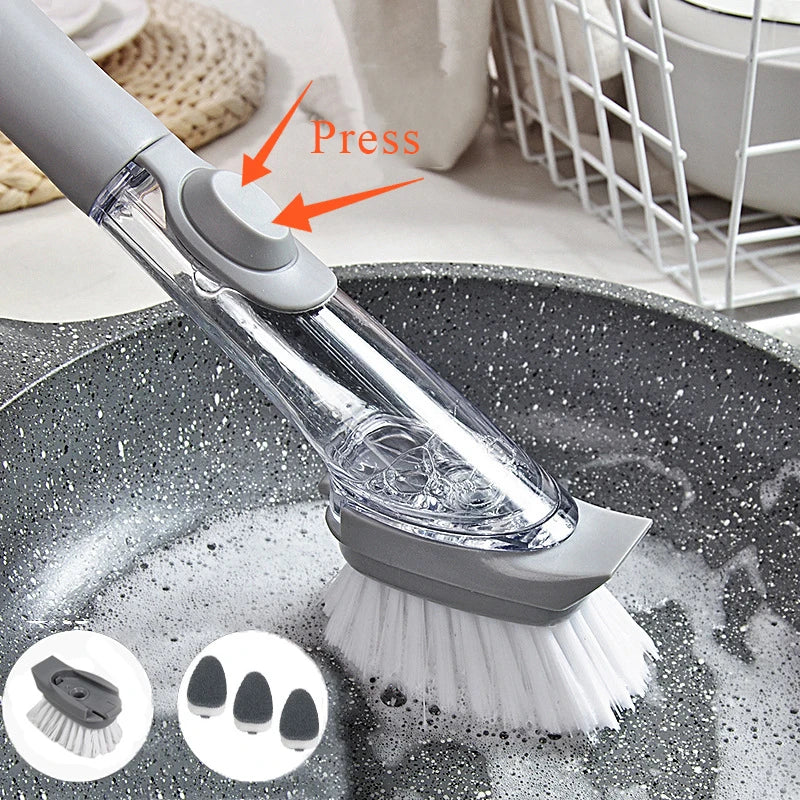 Kitchen Cleaning Brush 2 in 1 Long Handle Cleaing Brush with Removable Brush Sponge Dispenser Dishwashing Brush Kitchen Tools