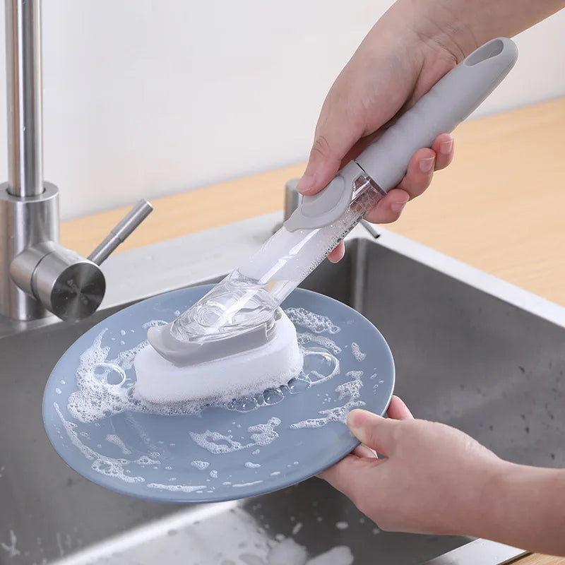 Kitchen Cleaning Brush 2 in 1 Long Handle Cleaing Brush with Removable Brush Sponge Dispenser Dishwashing Brush Kitchen Tools